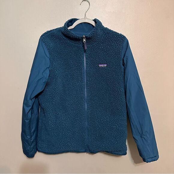 Patagonia Boys Everday Jacket Reversible Blue Teal Sherpa Lined Size 16-18 - Picture 3 of 8